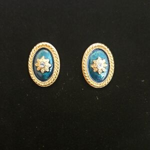 Gold and Blue Oval Earrings Vtg Avon Earrings Gold Tone Oval Green Enamel Clear
